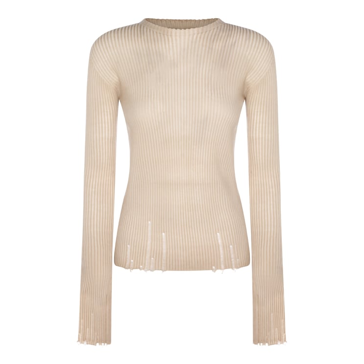 Uma Wang Tan Wool T-Shirt with Ribbed Texture and Distressed Details