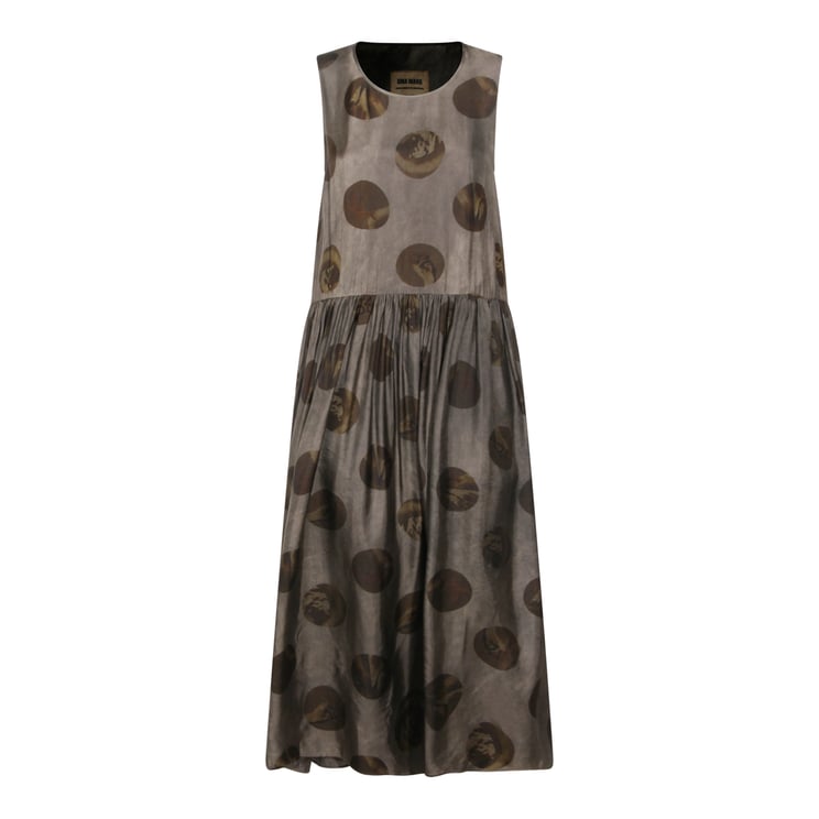 Uma Wang Sleeveless Midi Dress With Gathered Waist And Abstract Motif