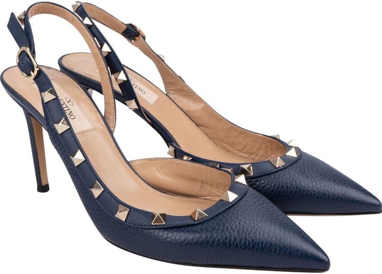 Valentino Valentino Garavani Grained Navy Calfskin Rockstud Slingback Pumps (37,5)