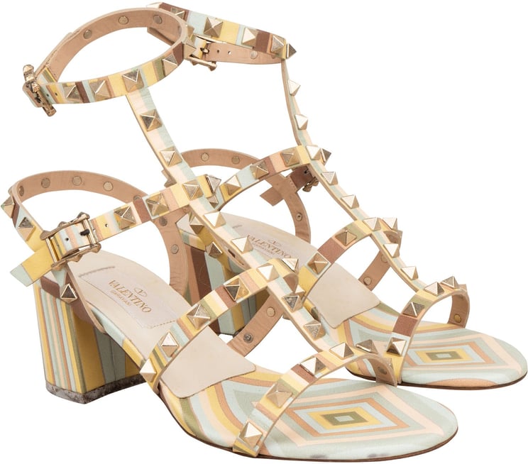 Valentino Valentino Multicolor Leather Rockstud Caged Block Heel Sandals (35)
