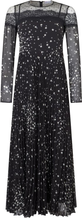 Valentino Long black dress with transparent sleeves and gray print.