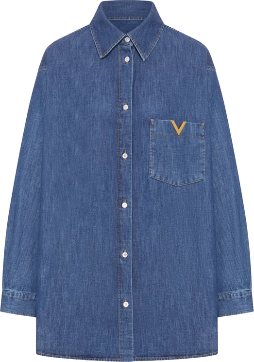 Valentino Blue Pointed Collar V-Detail Denim Shirt