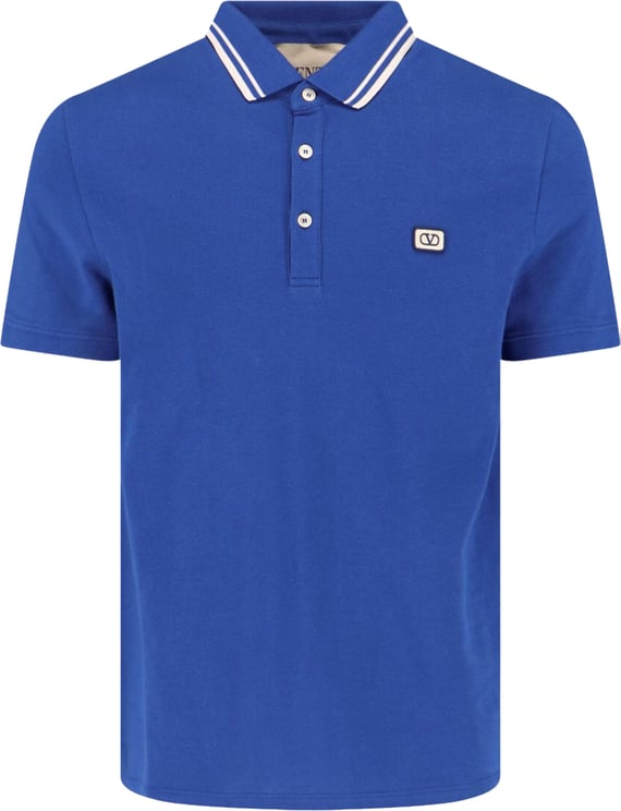 Valentino Blue Short-Sleeved Double Stripe Cotton Polo