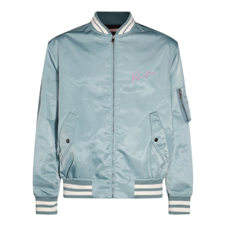 Valentino Light Blue Satin-Finish Casual Jacket With Logo Detail