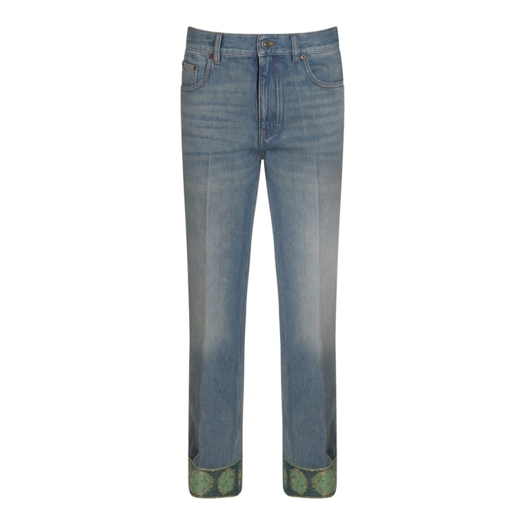 Valentino Faded Grey Cotton Denim Jeans with Embroidered Cuffs