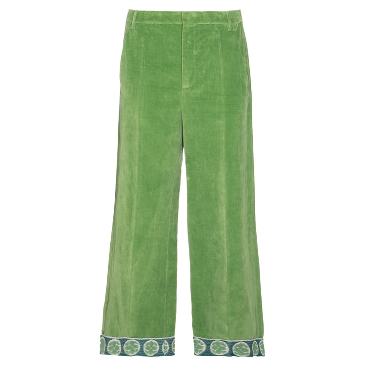 Valentino Straight-Leg Green Cotton Trousers With Decorative Hem Detail