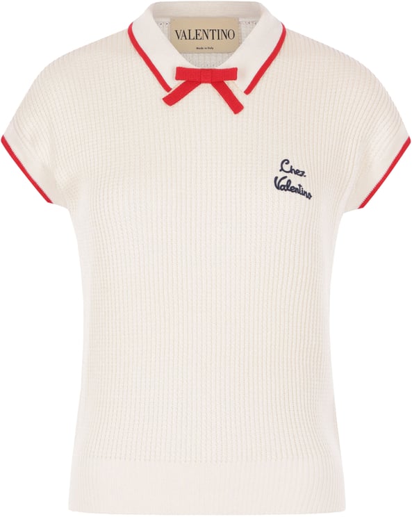 Valentino Ribbed Short-Sleeved Knit Bow Detail Top