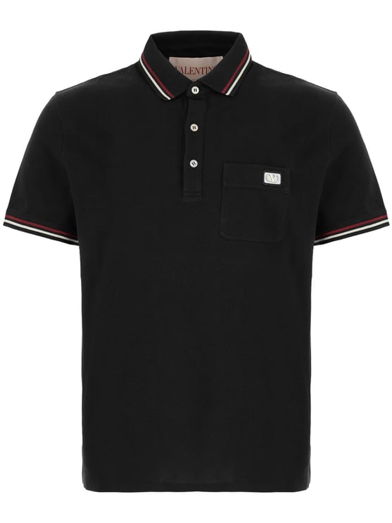 Valentino Black Short-Sleeve Striped Accent Cotton Polo