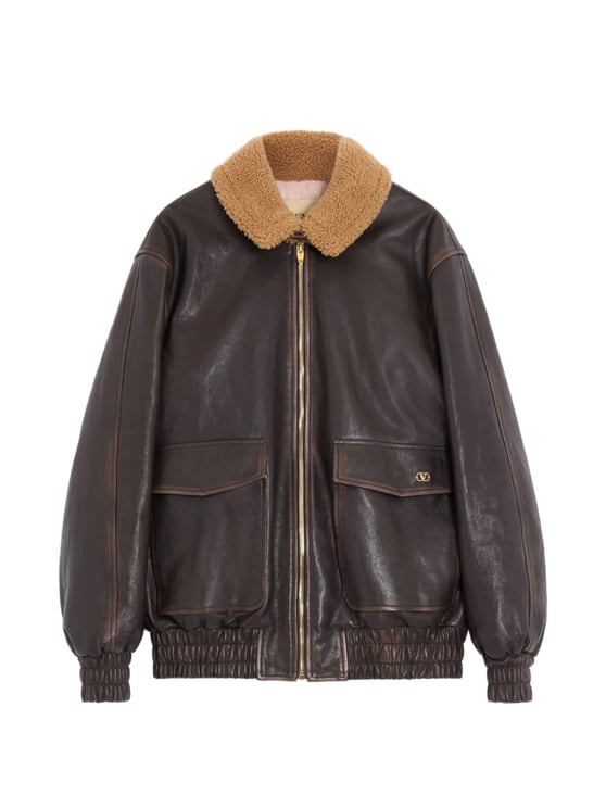 Valentino Brown Shearling Collar Leather Jacket