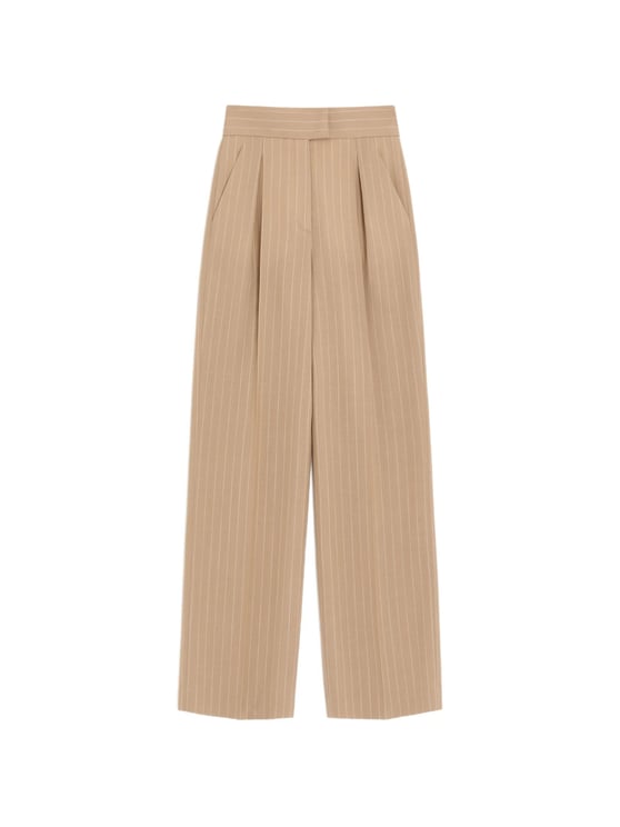 Valentino Warm Beige Wide-Leg Pinstripe Trousers