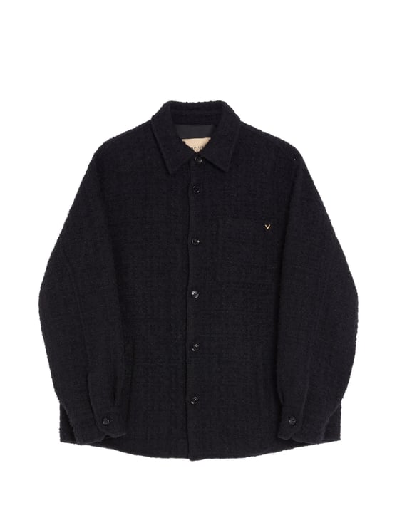 Valentino Textured Black Button-Up Jacket with Classic Collar and Subtle Logo