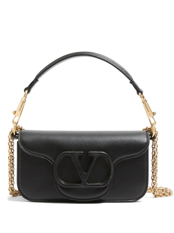 Valentino Structured Black Leather Shoulder Bag with Oval Logo Emblem