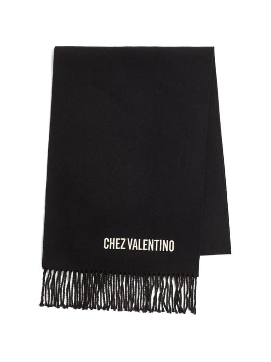 Valentino Fringed Black Wool Scarf with Minimalist Embroidery