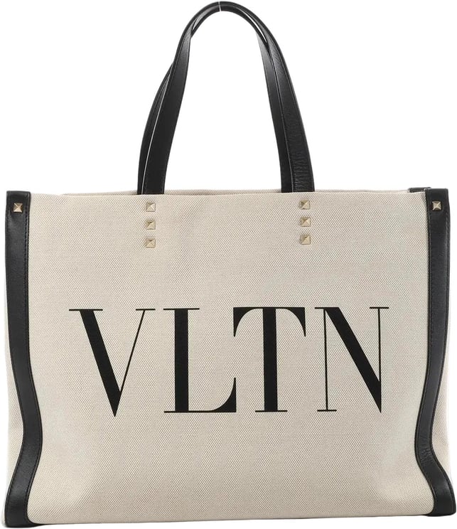 Valentino Garavani Valentino Garavani VLTN Canvas x Leather Shoulder Bag in Beige x Black