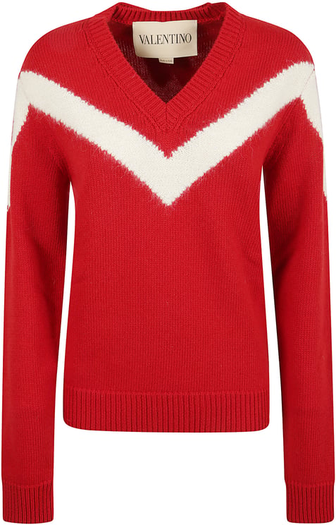 Valentino Garavani V-Neck Red Wool Sweater With Contrasting Inlay