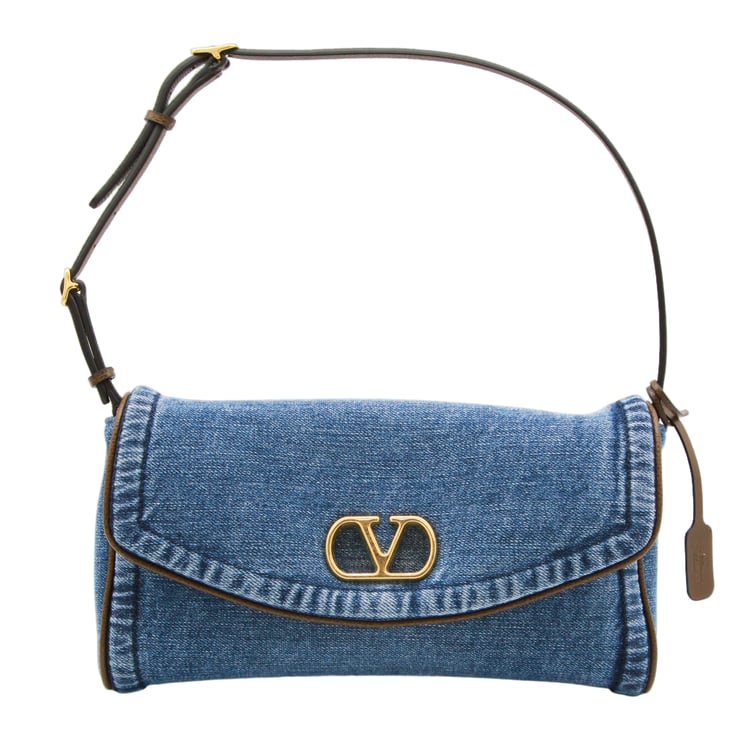 Valentino Garavani Structured Denim Shoulder Bag With Gold-Tone Emblem