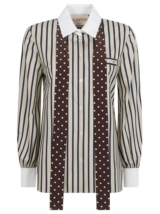 Valentino Garavani Vertical Stripe Cotton Shirt with Integrated Scarf Detail