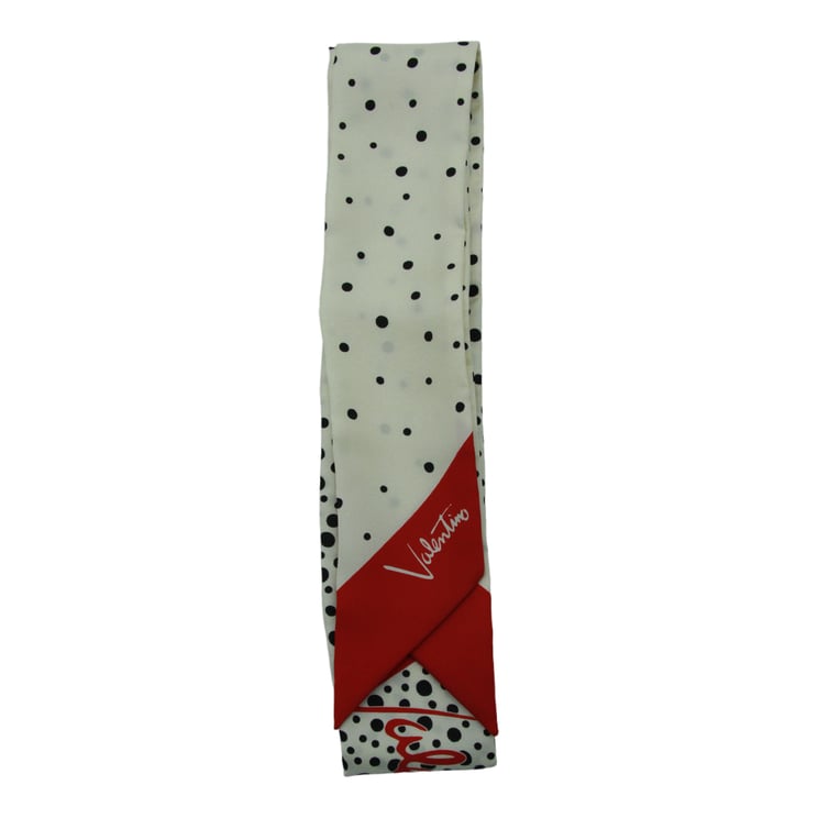 Valentino Garavani Long White Polka Dot Scarf With Red Triangular Accent