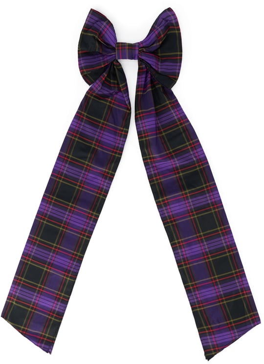 Valentino Hairpin in the shape of a bow with tartan pattern in shades of black and purple, elegant and versatile.