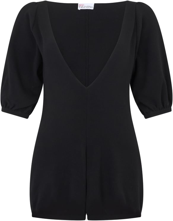 Valentino Black short jumpsuit with a V-neck and balloon sleeves.