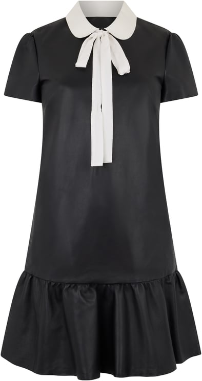 Valentino Elegant black leather dress with white collar, minimal and chic.