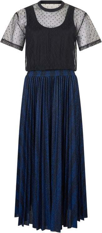 Valentino Elegant black dress with translucent sleeves and flowing skirt in shades of blue.