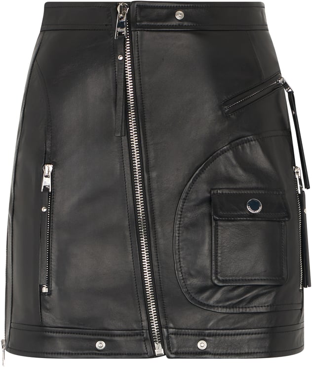 Valentino Short black leather skirt with zipper and decorative functional pockets with bold design.