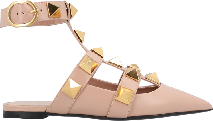 Valentino Pointed Toe Ballerinas With Roman Stud Rivets And Ankle Strap