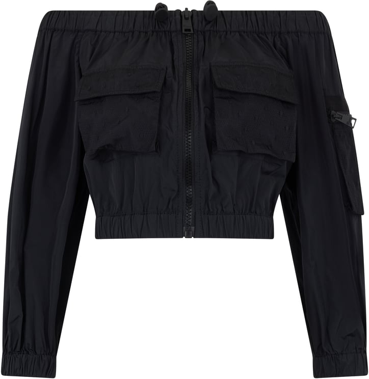 Valentino Black fitted cropped jacket with zip and pockets.