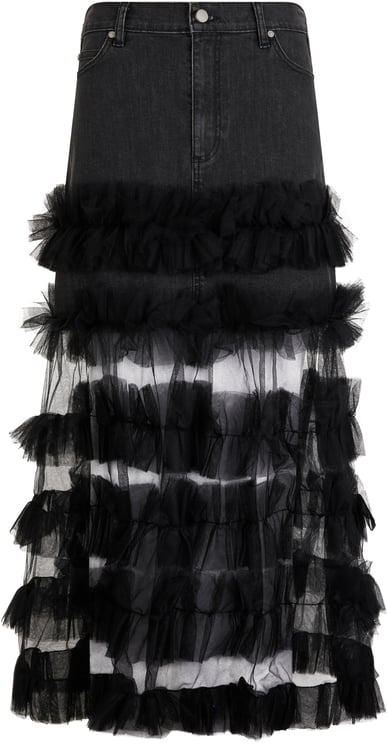 Valentino Long black denim skirt with tulle inserts.