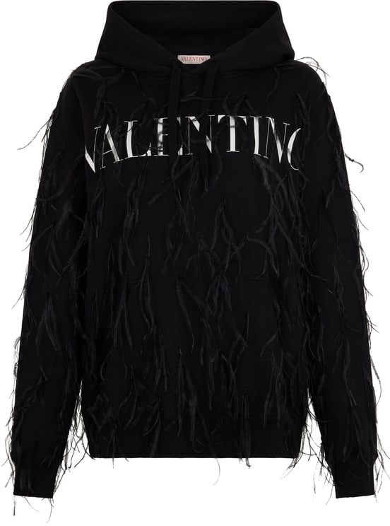 Valentino Black hooded sweatshirt with ostrich feather details for a sporty and modern style