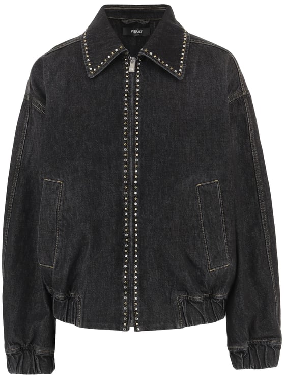 Versace Studded Black Cotton Jacket with Zip Closure