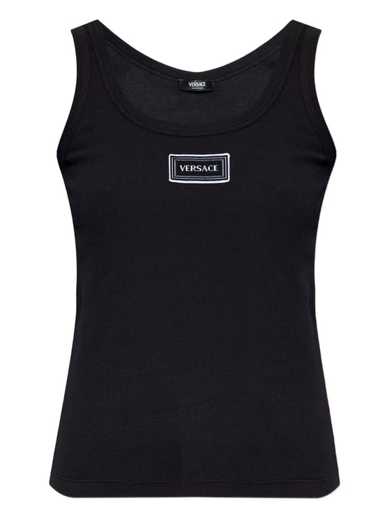 Versace Black Fitted Text Patch Cotton Top