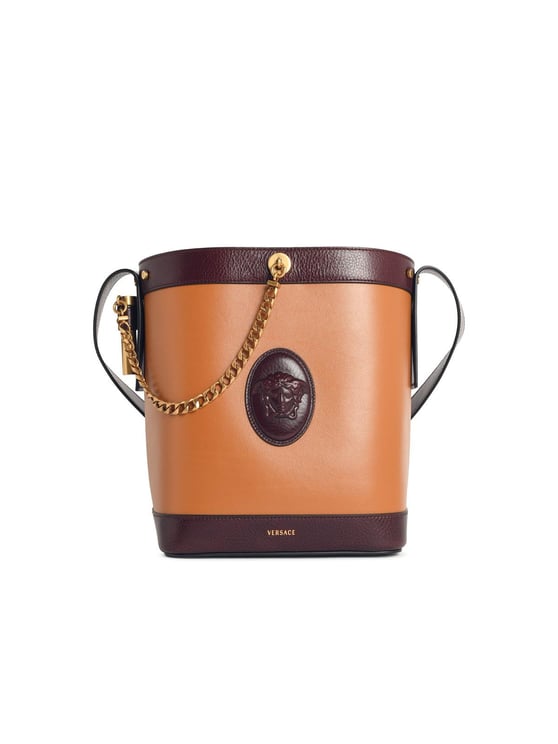 Versace 'Pivot' Small Brown Leather Bucket Bag