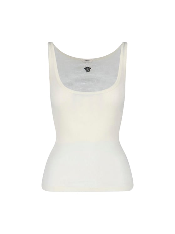 Versace Cream Ribbed Medusa Wool Top