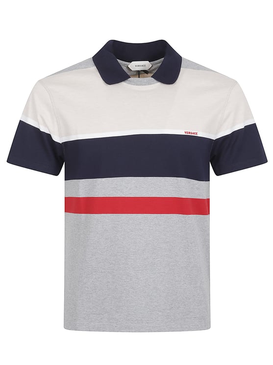 Versace Horizontal Striped Short-Sleeve Polo with Contrasting Collar