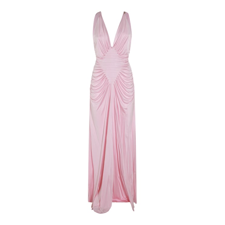 Versace Silk Maxi Dress With Deep V-Neckline And Pleated Bodice