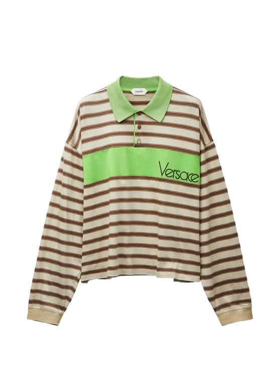 Versace Horizontal Striped Polo Shirt With Bold Green Panel