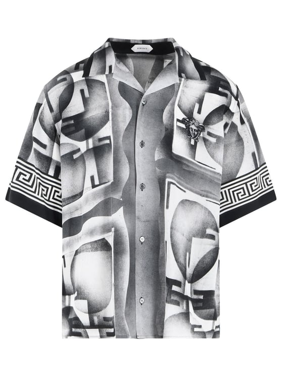 Versace Open Collar Black Silk Shirt With Geometric Print