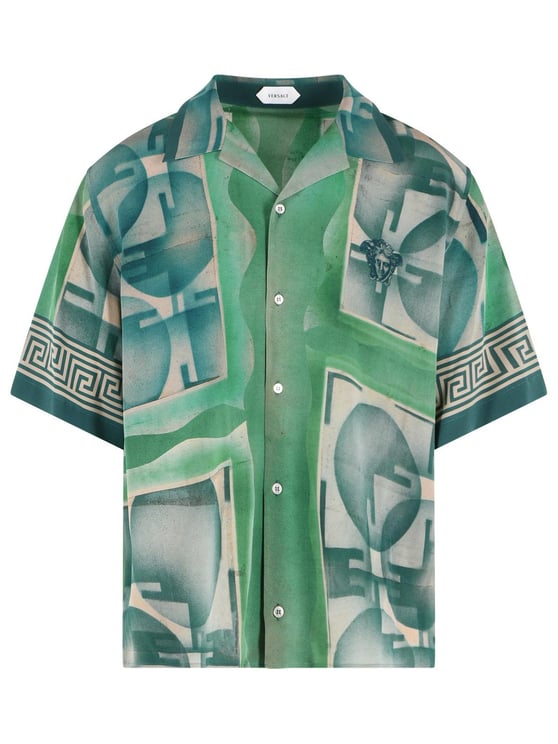 Versace Short-Sleeve Green Silk Shirt With Geometric Print