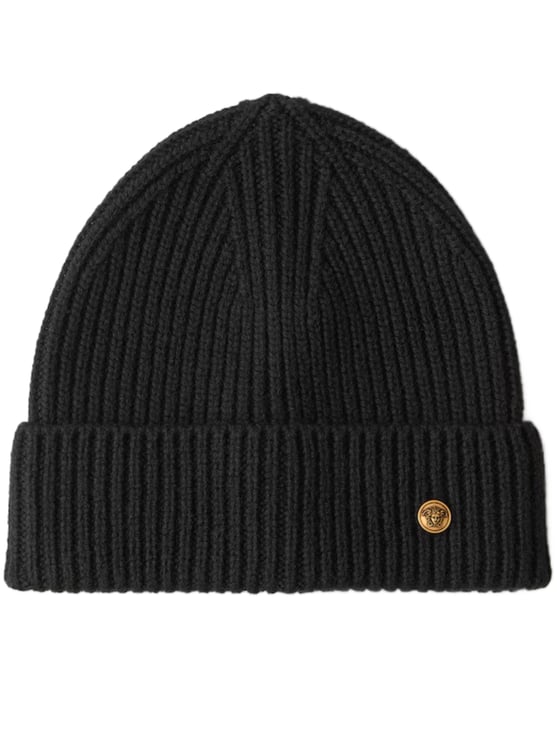 Versace Ribbed Knit Metallic Emblem Beanie