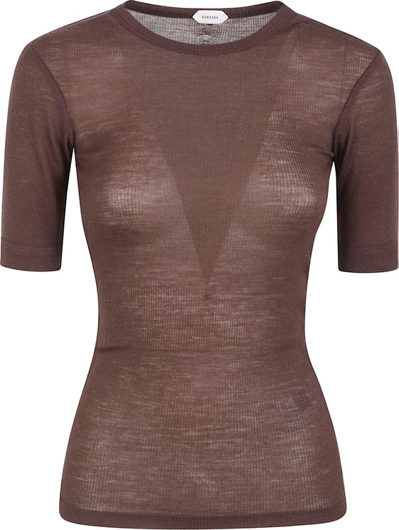 Versace Fitted Semi-Sheer Brown Short-Sleeve Top with Ribbed Texture