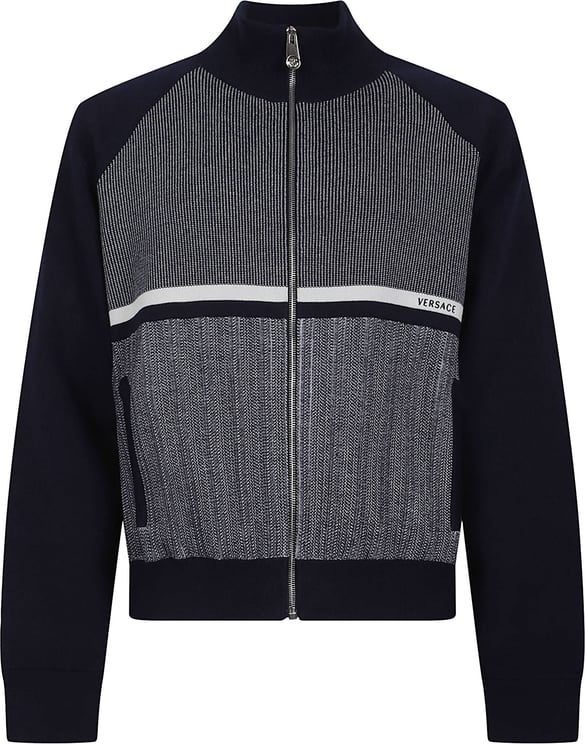 Versace Textured Knit Sweater with Zip-Up Front and High Collar