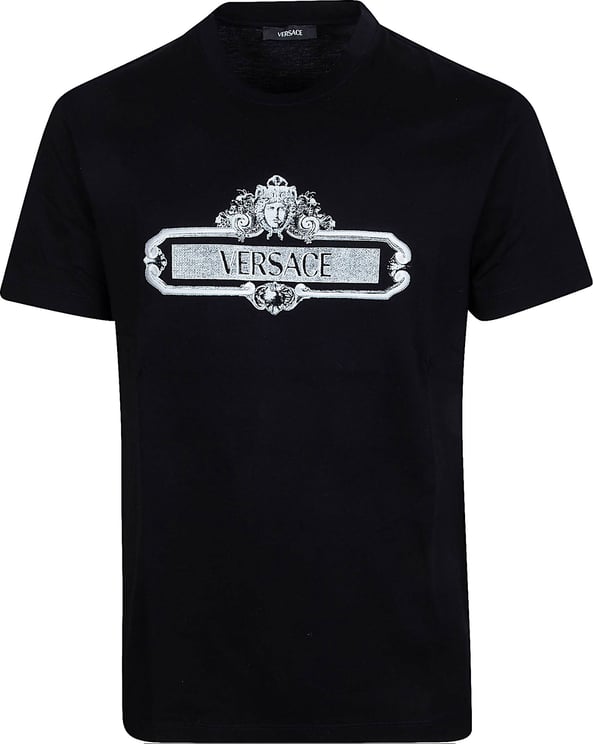 Versace Short-Sleeve Black T-Shirt with Ornate Silver Graphics