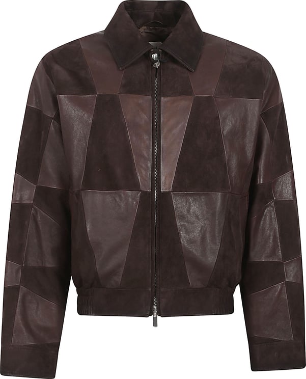 Versace Patchwork Leather Coat with Classic Collar and Zipper Closure