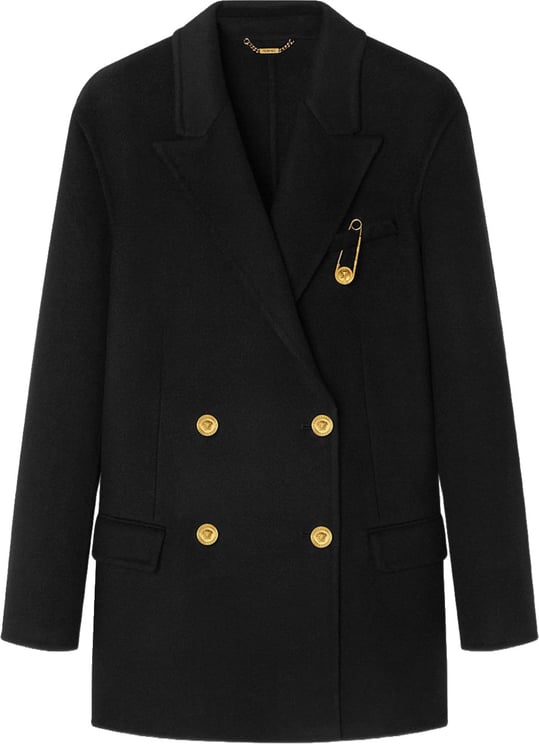 Versace Double-Breasted Black Coat with Gold-Tone Accents