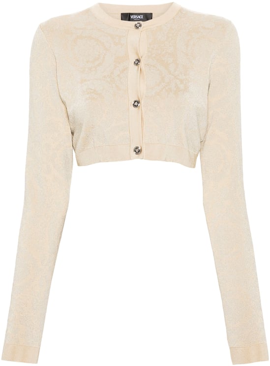 Versace Beige Cropped Baroque Lurex Knit Cardigan