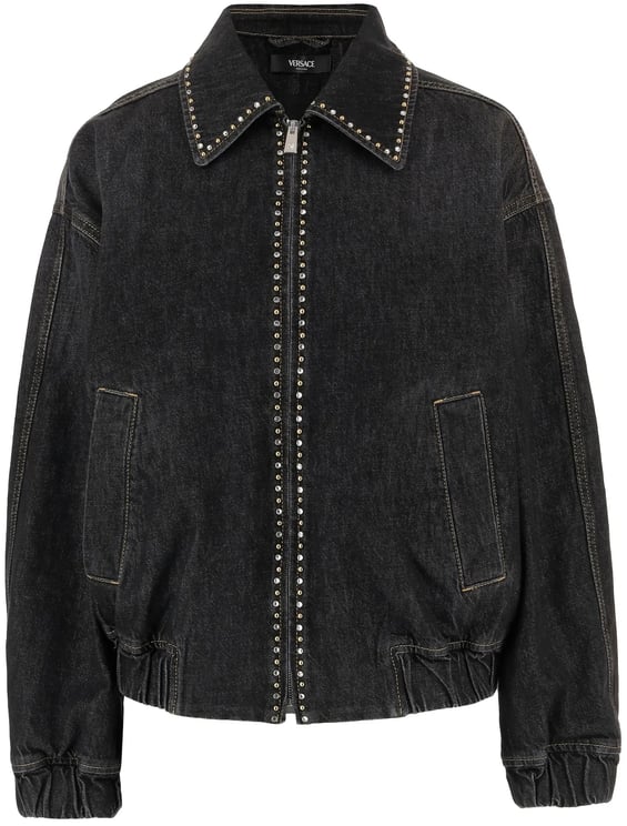Versace Black Blouson Denim Studded Relaxed Jacket