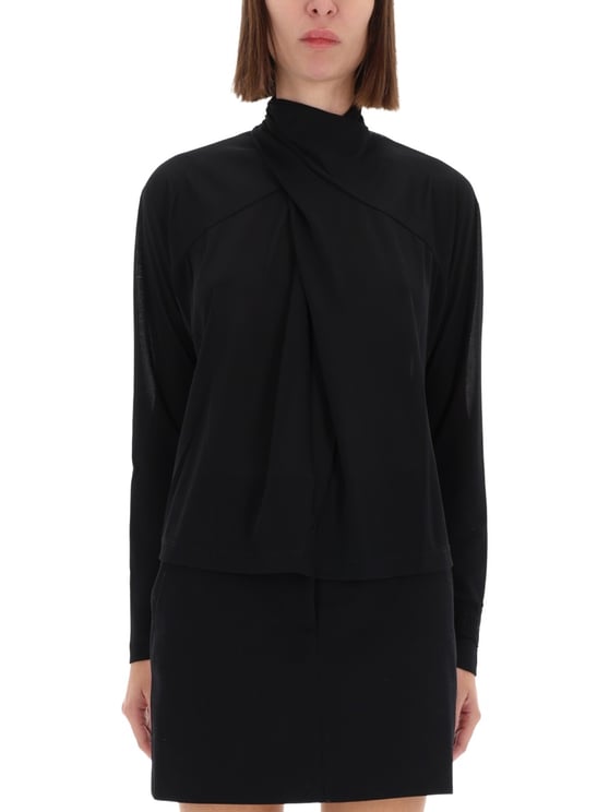Versace Jeans Couture Black Draped Collar Pleated Shirt