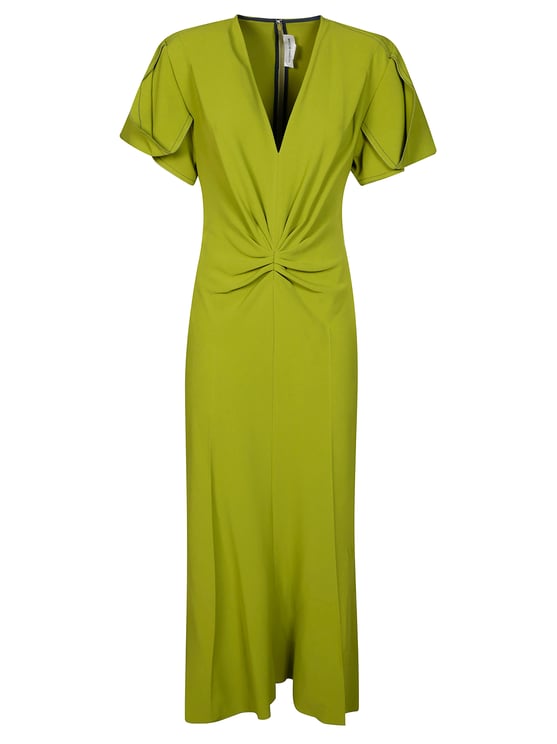 Victoria Beckham Green Gathered V-Neck Midi Dress